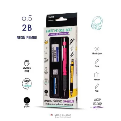Tombow SH-300 Grip Neon Mekanik Kurşun Kalem 0,9mm P. Kutulu Set Neon Pembe