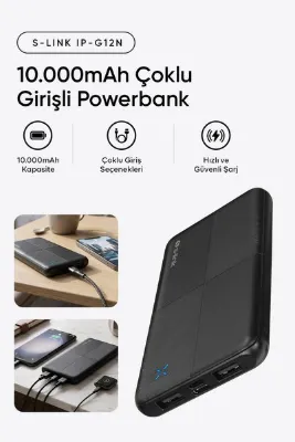 S-LINK IP-G12N 10000mAh Micro+Usb+ Type-C Giriş+Çıkış Siyah Taşınabilir Pil Şarj Cihazı Powerbank