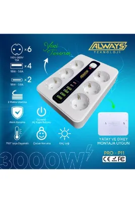 ALWAYS TEKNOLOJİ 3000W Akım Korumalı 4 USB'li ve 2 TYPE-C li 6'lı Grup Priz 2 m Uzatma Kablosu Beyaz