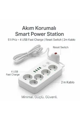 HILFE Akım Korumalı Smart Tech 5’li Priz – USB Charge & Reset Button – 2m