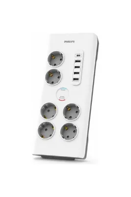 Philips SPN7060WA/62 6'lı Akım Korumalı Priz, 4x USB-A + 1x USB-C, 900J, 2 m Örgülü Kablo, Anahtarlı