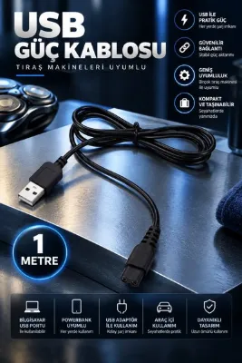 MVLH 1 Metre USB Güç Kablosu Tıraş Makineleri Uyumlu Standart Girişli Güç Aktarım Kablosu