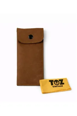 Toz Vintage Kahverengi Deri Çıtçıtlı Uzun Gözlük Kılıfı İnce Koruyucu Kese
