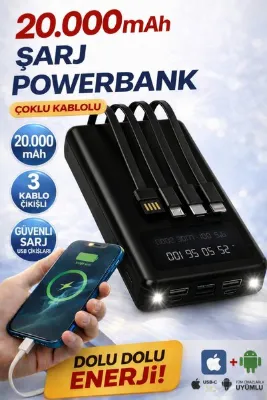 TEKNOAS İLETİŞİM 20.000 mAh Powerbank Çoklu Kablolu Dijital Göstergeli Güvenli Şarj Taşınabilir Şarj Cihazı