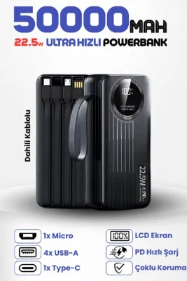 Enshall 50.000 Mah 22.5W Hızlı Şarj Destekli Forefo Dahili Kablolu Taşınabilir Batarya Powerbank