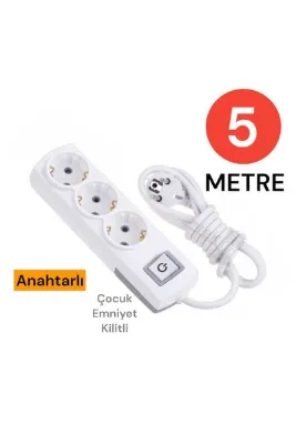 Tek-İş Grup Priz Topraklı 3 Lü 5 Metre Anahtarlı Çocuk Korumalı Çoklu Priz Seyyar Ara Kablo Uzatma Kablosu
