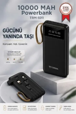 Torima Powerbank Dijital Göstergeli Kablolu 4 Çıkışlı 10.000 Mah Taşınabilir Şarj Aleti TRM1011 Siyah