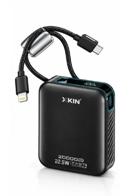 XKIN 20000mAh Mini Powerbank Dijital Ekranlı Taşınabilir Şarj Cihazı Dahili Kablolu İphone Andorid Uyumlu