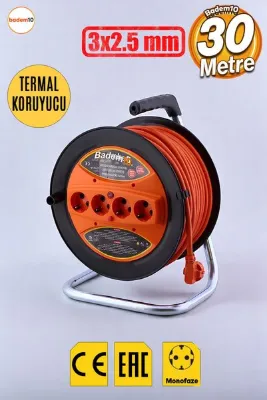 Badem10 Makaralı Cca Uzatma Kablosu 3x2.5 Mm 30 Metre 4 Prizli Monofaze Termal Sigortalı Plastik Seyyar