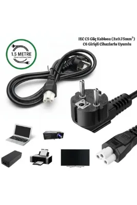 VOREX GABBLE 1.5 Metre C5 Yonca Güç Kablosu 250V Laptop Notebook Adaptör TV Monitör Yazıcı Uyumlu