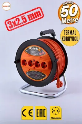 Badem10 Makaralı Cca Uzatma Kablosu 3x2.5 Mm 50 Metre Termal Sigortalı 4 Prizli Monofaze Plastik Seyyar