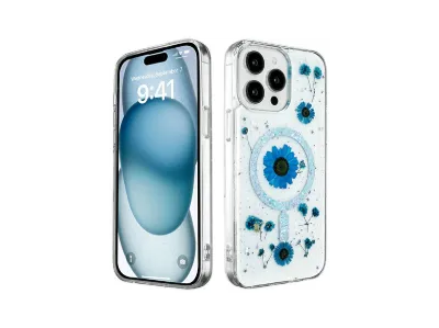 NEWFACE iPhone 15 Pro Uyumlu Daisy Simli Magsafe Telefon Kılıfı Mavi