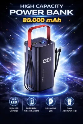 Omaze 80.000 mAh Güçlü Powerbank LED Işıklı PD Hızlı Taşınabilir Şarj Acil Durum Işığı Dijital Göstergeli