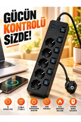 asua 5'li Akım Korumalı Topraklı Çoklu Priz 3680W 2 USB-A + 2 Type-C Hızlı Şarj Bağımsız Anahtarlı Duvara Monte Edilebilir Grup Priz Uzatma