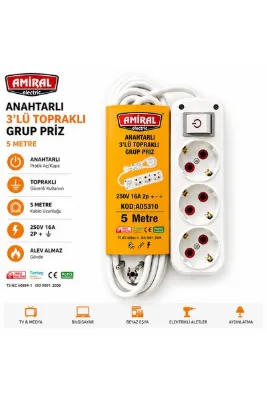 amiral 3'lü Topraklı Anahtarlı 5 Metre Kablolu Grup Priz