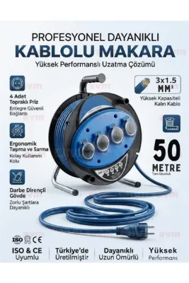 ÜMİTAVM Seyyar Kablo Makarası 3x1.5 mm 50 Metre 4'lü Topraklı Priz Uzatma Kablosu