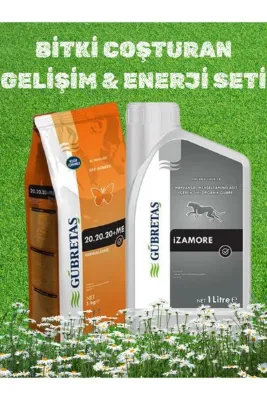 GÜBRETAŞ Bitki Coşturan Gelişim & Enerji Seti 20.20.20+ME 1 KG + İzamore 1 LT Çiçek Ağaç Bitki Çim Bakım Yaprak/Toprak Gübresi Seti