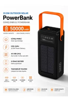 TUROVE 50000 mAh GÜNEŞ ENERJİLİ POWERBANK 22.5W HIZLI ŞARJ 4 USB ÇIKIŞLI