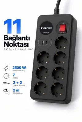 Kensa Akım Korumalı Priz 7'li + 2X USB-A + 2X USB-C (2 Metre Kablo)