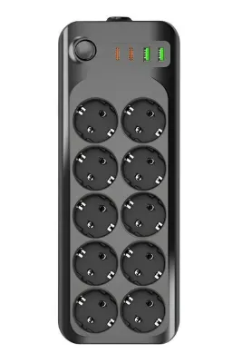 asua 2 MT Uzatma Kablosu Çoklu Priz Termal Akım Korumalı 10'lu Priz 3X USB 1X Type-C Çıkışlı Priz