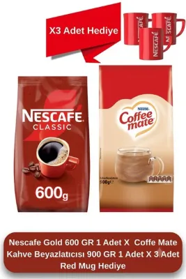 Nescafe Classic 600 GR 1 Adet X Coffe Mate Kahve Beyazlatısıcı 1 Adet X 3 Adet Red Mug