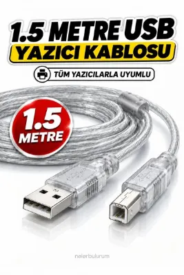 nelerbulurum Tüm Yazıcılara Uyumlu 1.5 Metre Şeffaf Renkli Usb Yazıcı Printer Ara Kablosu (HP, Canon, Epson, Brother, Samsung, Xerox, Lexmark, Pantum)