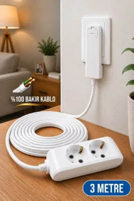 Aryes 2’li Uzatma Kablosu 3 Metre Slim İnce Fiş 3x1,5 TTR Bakır Kablo Çocuk Korumalı Topraklı Priz