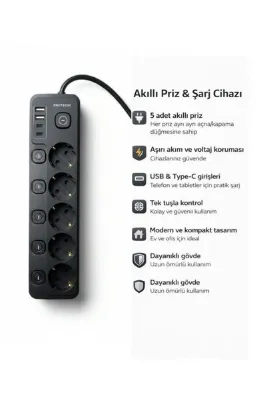 ROSE TEKNOLOJİ AKIM KORUMA VE ÇOCUK KİLİTLİ 5 PRİZ 2 USB 2 TYPE-C GİRİŞLİ 2 M UZATMA KABLOLU PRİZ