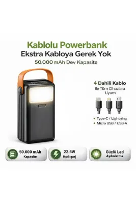 Cepini CP-05 50.000mAh 22.5W Süper Hızlı Şarj Powerbank - Dahili 4 Kablolu ve Dev LED Aydınlatmalı