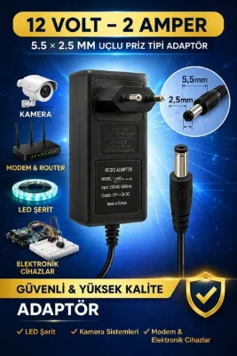 ZEY 12 VOLT 2 AMPER Adaptör 5.5*2.5 MM LEDLİ – LED Şerit, Güvenlik Kamerası, Modem ve Router İçin Güç Kablosu