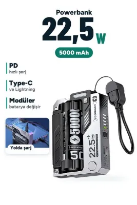 BİGABE Powerbank 5000 mAh 22,5W PD Hızlı Şarj Değiştirilebilir Batarya Modüllü Type-C ve Lightning Girişli Mini