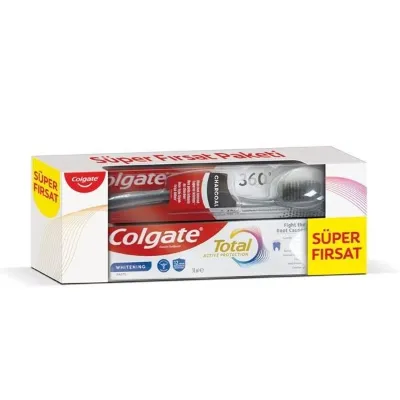 Colgate Total Aktif Koruma Beyazlık Diş Macunu 50 ml + 360 Charcoal Diş Fırçası