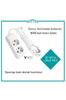 VİKO 50cm / Yarım Metre 2'li Uzatma Kablosu / Viko Grup Priz / Öznur 3*1.5 Kablo Kullanılır