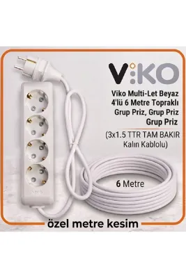 VİKO Multi-Let 4'lü Topraklı Priz 6 Metre 3x1.5 TTR Gerçek Bakır Kablolu Beyaz Grup Priz