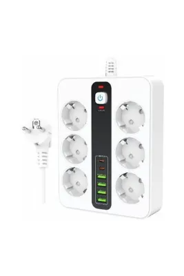 Protonust 6 Lı PRİZ 6X Soket Termal Akım Korumalı Power Tuşlu 4x USB 2x Type-C Çıkışlı 2MT Kablolu Çoklu Priz