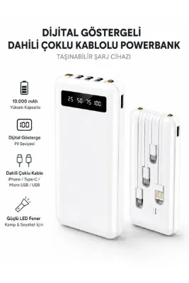Moxti 10.000'MAH Kendinden Kablolu ve Şarj Göstergeli Siyah Renk Taşınabilir Powerbank Yüksek Kalite Kücük ve Hafif