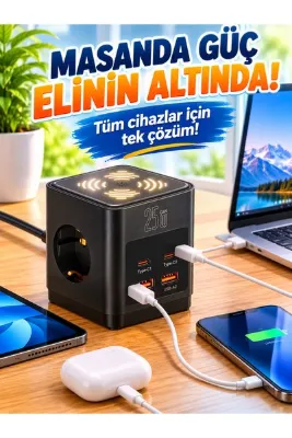 asua 3lü Akım Korumalı Priz Gece Lambalı 25W 2xUSB 2xType-C Çıkış Yüksek Gerilim Koruma Priz Çoğaltıcı