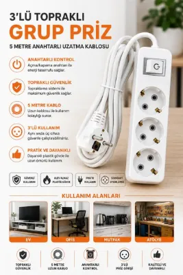modalonga size ne lazım? Anahtarlı 3lü Topraklı Grup Priz - 5 Metre - MAKROTECH M351