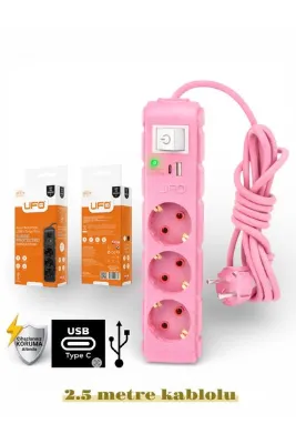 UFO Akım korumalı grup priz 2.5 mt kablolu anahtarlı pembe 3 lü ve USB+type-c şarj aleti 3000 watt