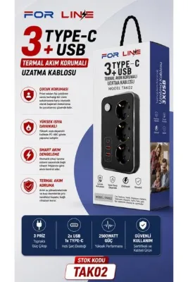 FORLİNE 3 Soketli Type-c + 2 USB Girişli 2Metre Kablolu Akım Korumalı Grup Priz
