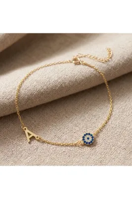 TEALHUB 925 Ayar Gümüş Kişiye Özel Nazar Boncuklu Harfli Gold Rengi Bileklik Doğum Günü Anne Kadın Çocuk Özel Hediye Bileklik