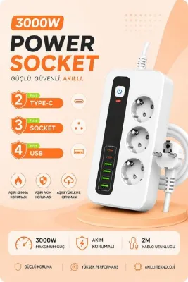 PROTECH LS 3X Priz 3000W Akım Korumalı 4X Usb 2X Type-c Girişli Çoklu Priz