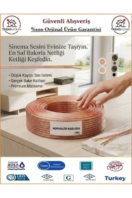 Trendhomm 2x0,75 Bitişik Hoparlör Tesisat Kablosu - %100 Bakır - Şeffaf - 4 Metre