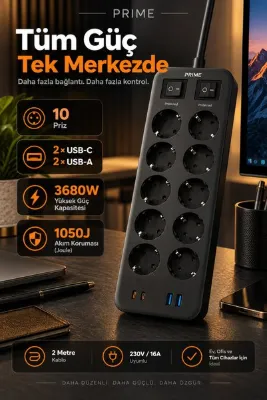 ROBEVE Fulltech PRIME 10’lu Akım Korumalı Priz 3680W - 1050J Koruma, 2 USB-C + 2 USB-A, 2 Metre Kablolu, 1+1 Bağımsız Aç/Kapa Anahtarlı Çoklu Uzatma Prizi Grup Priz 10'lu Priz