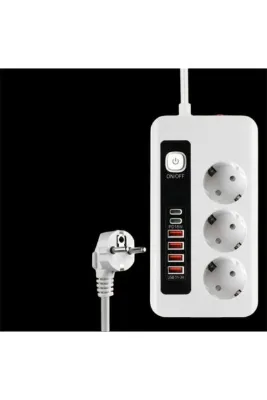 The Kaku 3 Lü PRİZ 3X Soket Termal Akım Korumalı Power Tuşlu 4x USB 2x Type-C Çıkışlı Kablolu Çoklu Priz