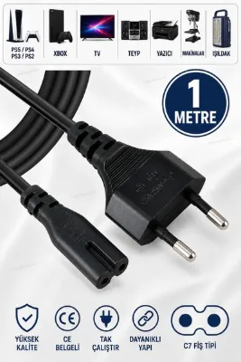 nelerbulurum 1 Metre Power Güç Kablosu | Ps2-ps3-ps4-ps5-xbox-tv-teyp-ışıldak-yazıcı-makinalar için Fişi Uyumlu