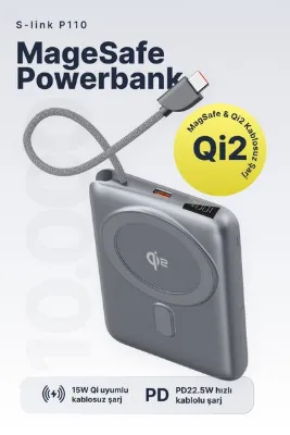 S-LINK QP110 10000mAh Magsafe 15W QI2 PD22.5W Gri LCD Taşınabilir Pil Şarj Cihazı Powerbank