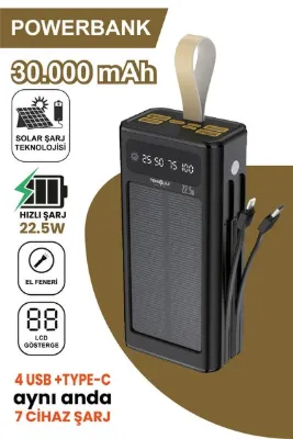 Teknoloji Gelsin 30.000 mAh Powerbank Güneş Enerjili Solar Hızlı Şarj Göstergeli El Fenerli Taşınabilir Batarya 22.5W