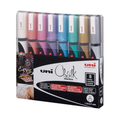 Uni CHALK 1.8-2.5 SuBazlıSTahtaMarkörüMetalik 8li -PWE-5M/8C MC Set