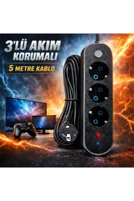 FIRSAT YOLU 3lü Akım Korumalı Priz Anahtarlı Parafudr Anti-Statik 3x1.5mm 5 Metre Uzatma Kablosu Çocuk Korumalı